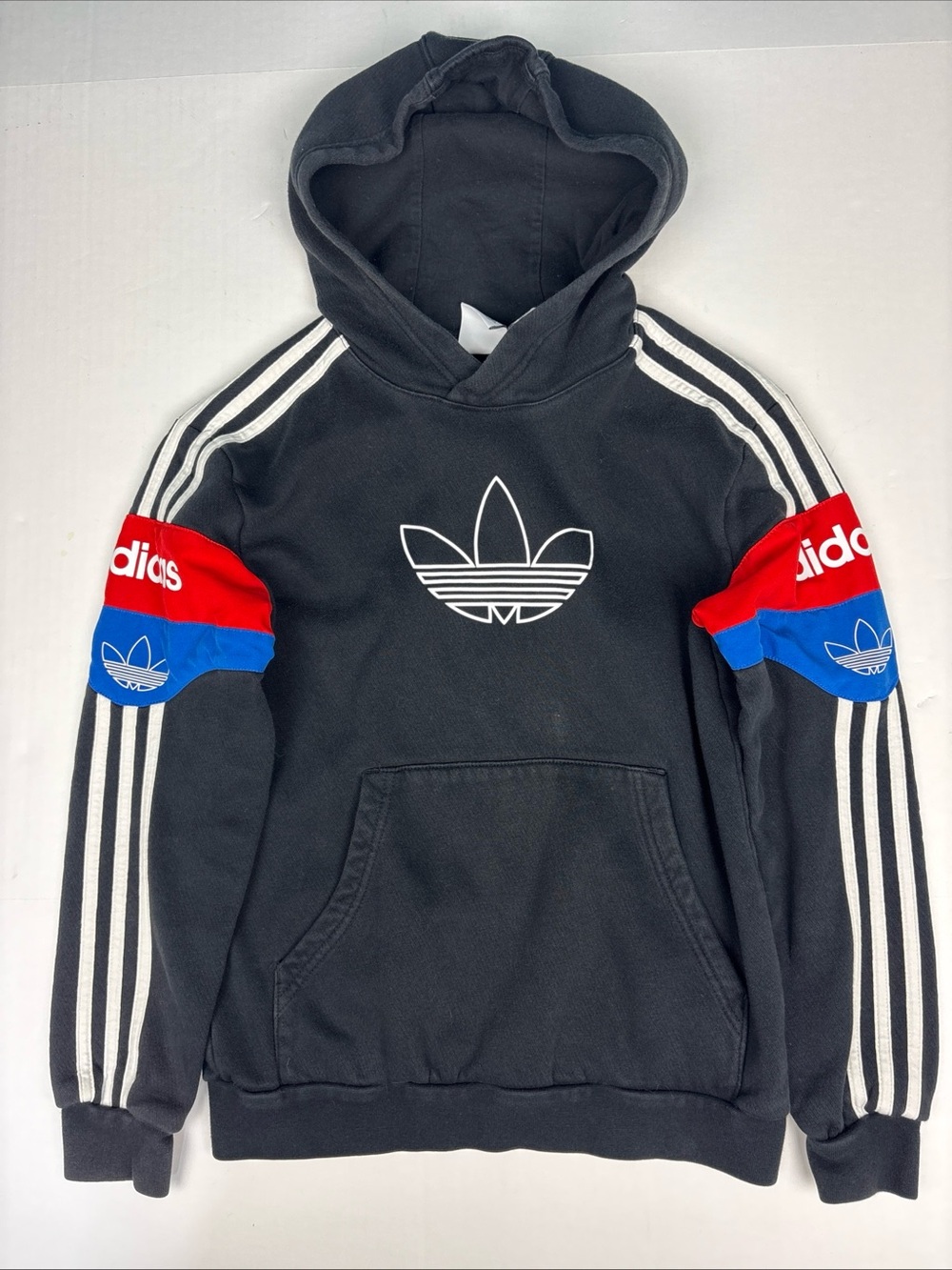 Adidas Youth Kid 11 12 Hoodie Sweatshirt Black White Trefoil Stripe Red Blue